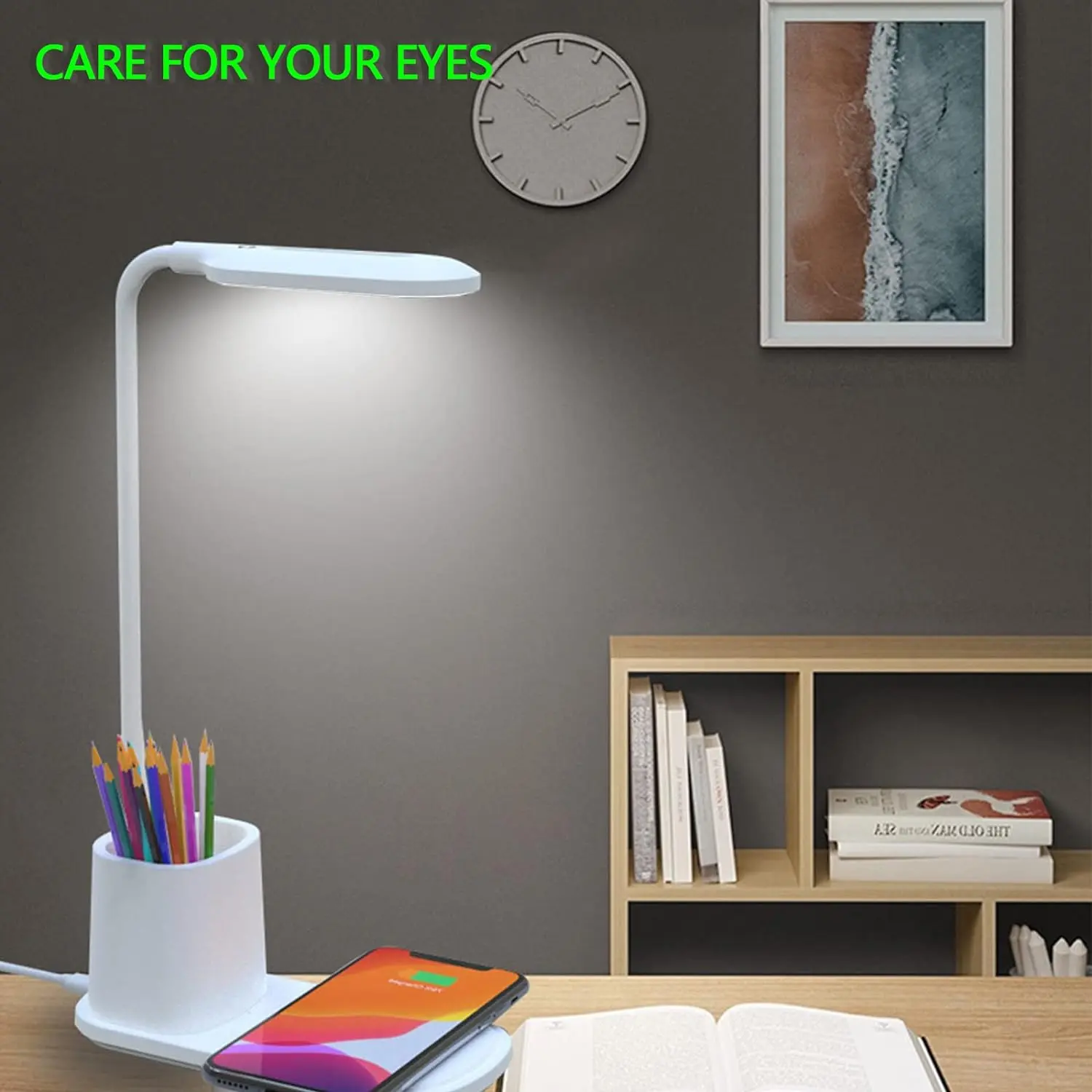 White LED Desk Lamp Wireless Phone Charging Dimmable Light Flexible Arm