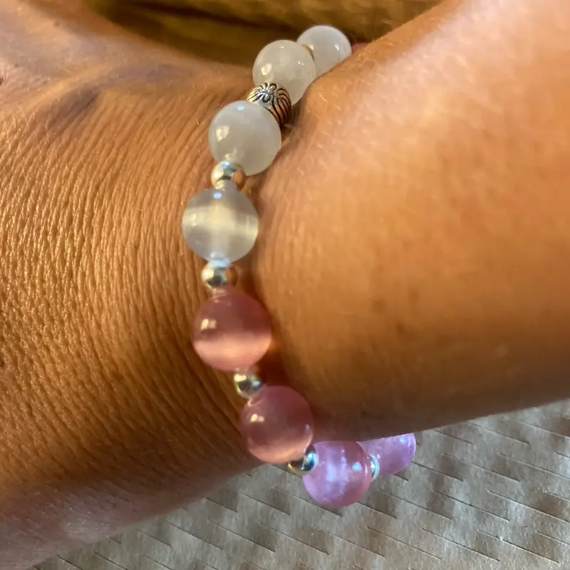 Pretty pink & moon shine light blue selenite crystal bracelet, homemade with love, size to fit all! 5