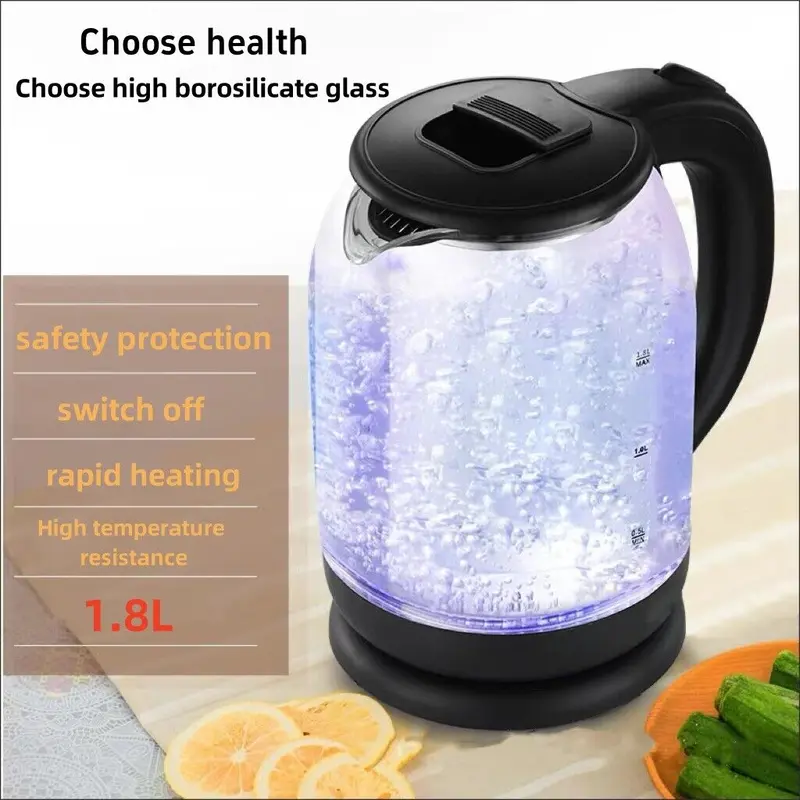 Electric Kettle 1.8L Glass 360 Black LED Illuminated Portable Jug Security UK - Household Kitchen Appliance 0
