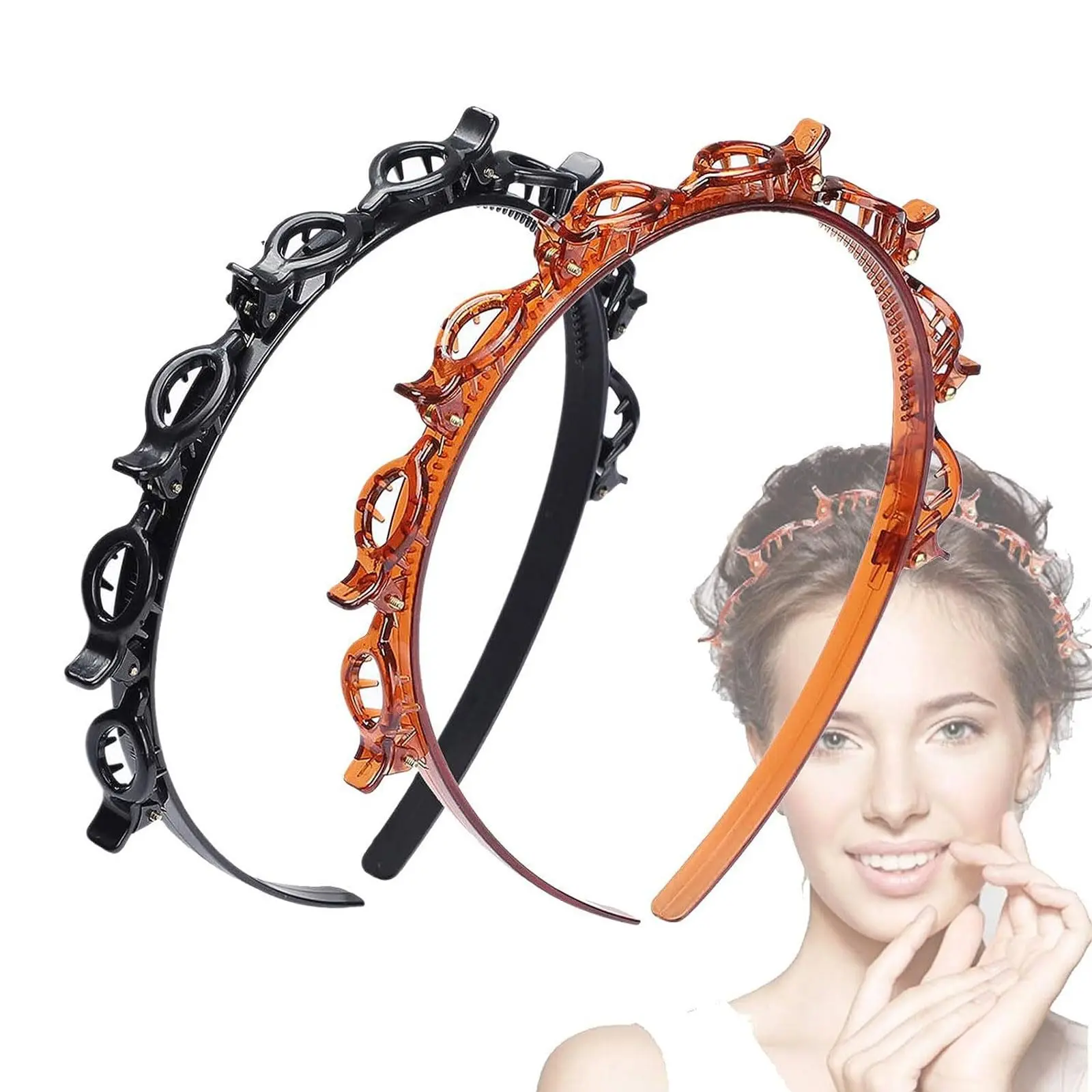 2PCS Headband with Clips,Hairpin Headbands, Twist and Clip Headband/Korean Braided Headband/Hairpin Hair Band/DIY Hairband Non-slip/Double Layer Twist Plait Headband for Women Girls(black+brown)