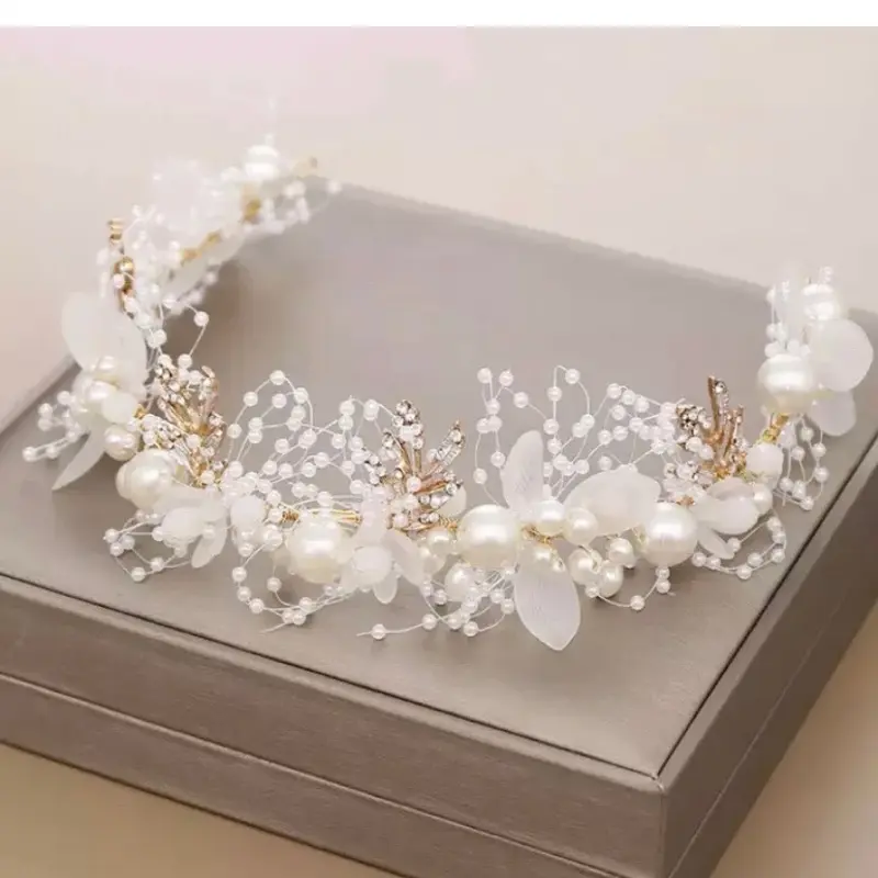 ICYBYAMON Bride Headband, Wedding Party Hair Band Rhinestones Hair Crown Crystal Pearl Hair Pc Tiara Hairbands Elegant Wedding Jewellery Accessories, Gold,White, 32.5cm x 3cm 2