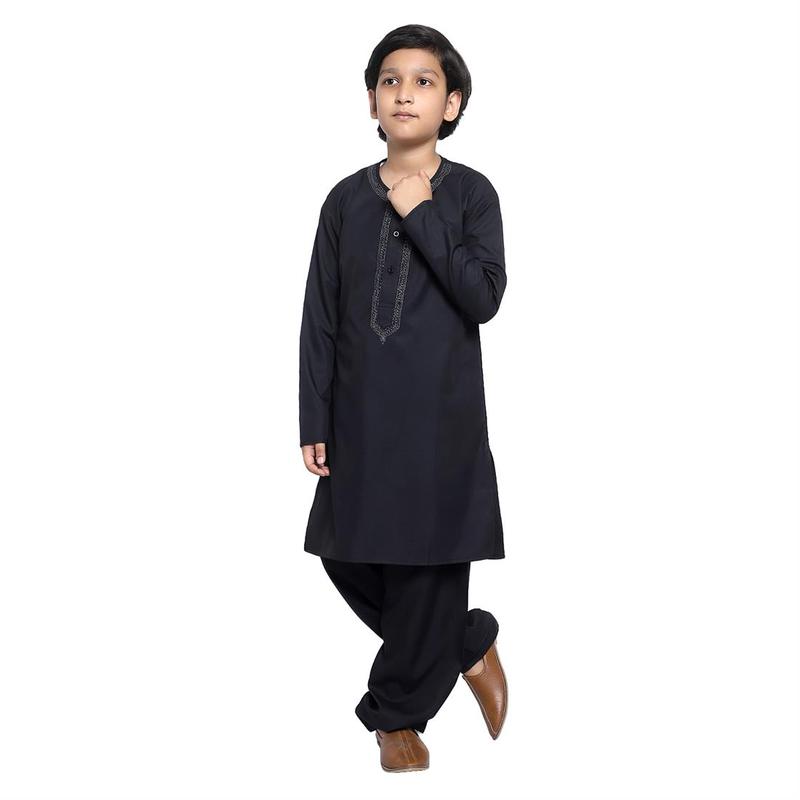 KIN-KG607-B - Boys Plain Kurta with Embroidery embellishment around neck and buttons area, comes with Shalwar. Ple 4