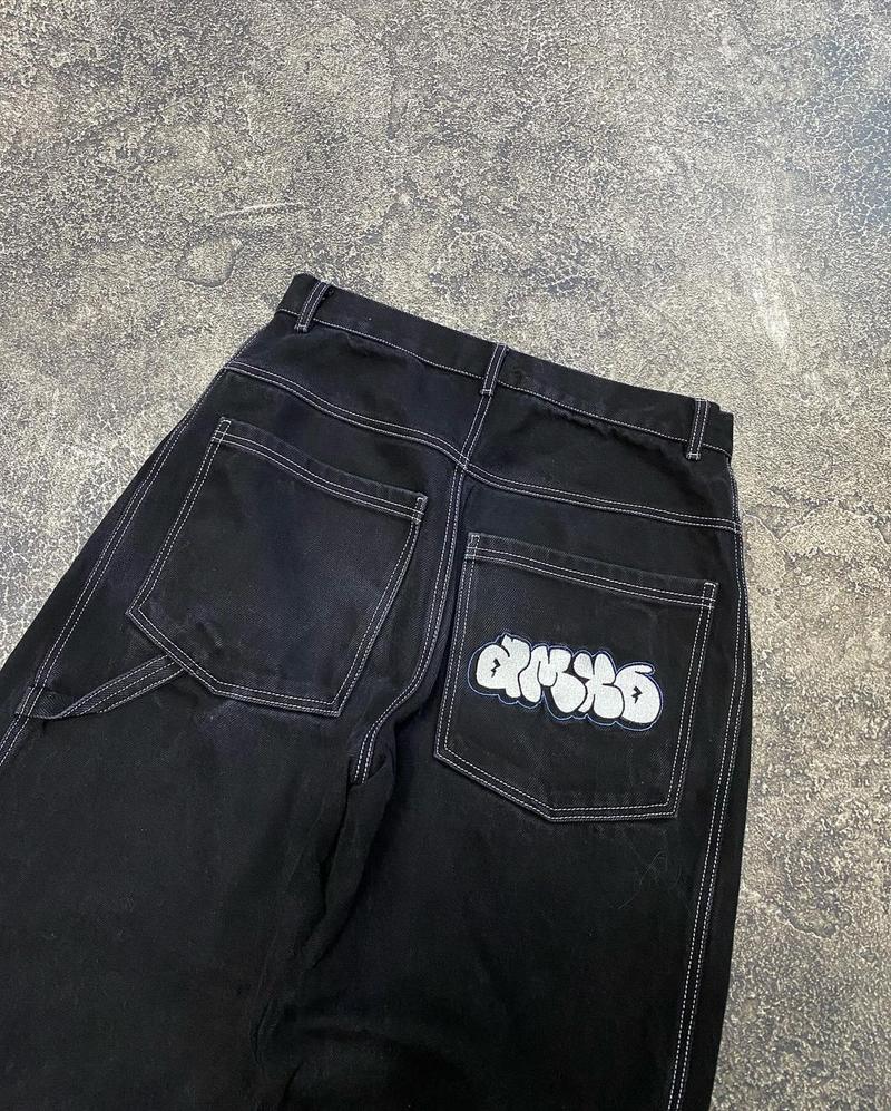 Product Introduction of Street aesthetic black retro straight baggy pants y2k Harajuku hip hop pocket print washed high waist unisex denim trousers 5