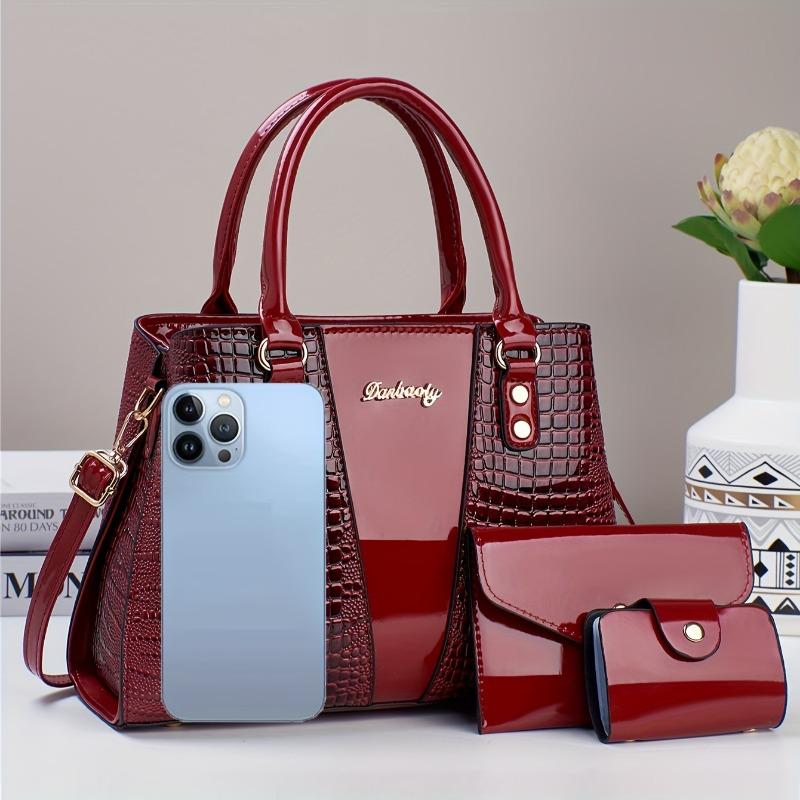 Product Introduction of 3pcs Elegant Faux Leather Satchel with Crocodile Pattern, Sequined, Spacious Multi-Functional Bag, Lightweight Fashion Handbag with Zip Closure and Fixed Shoulder Straps, with Spandex Lining for Women 5