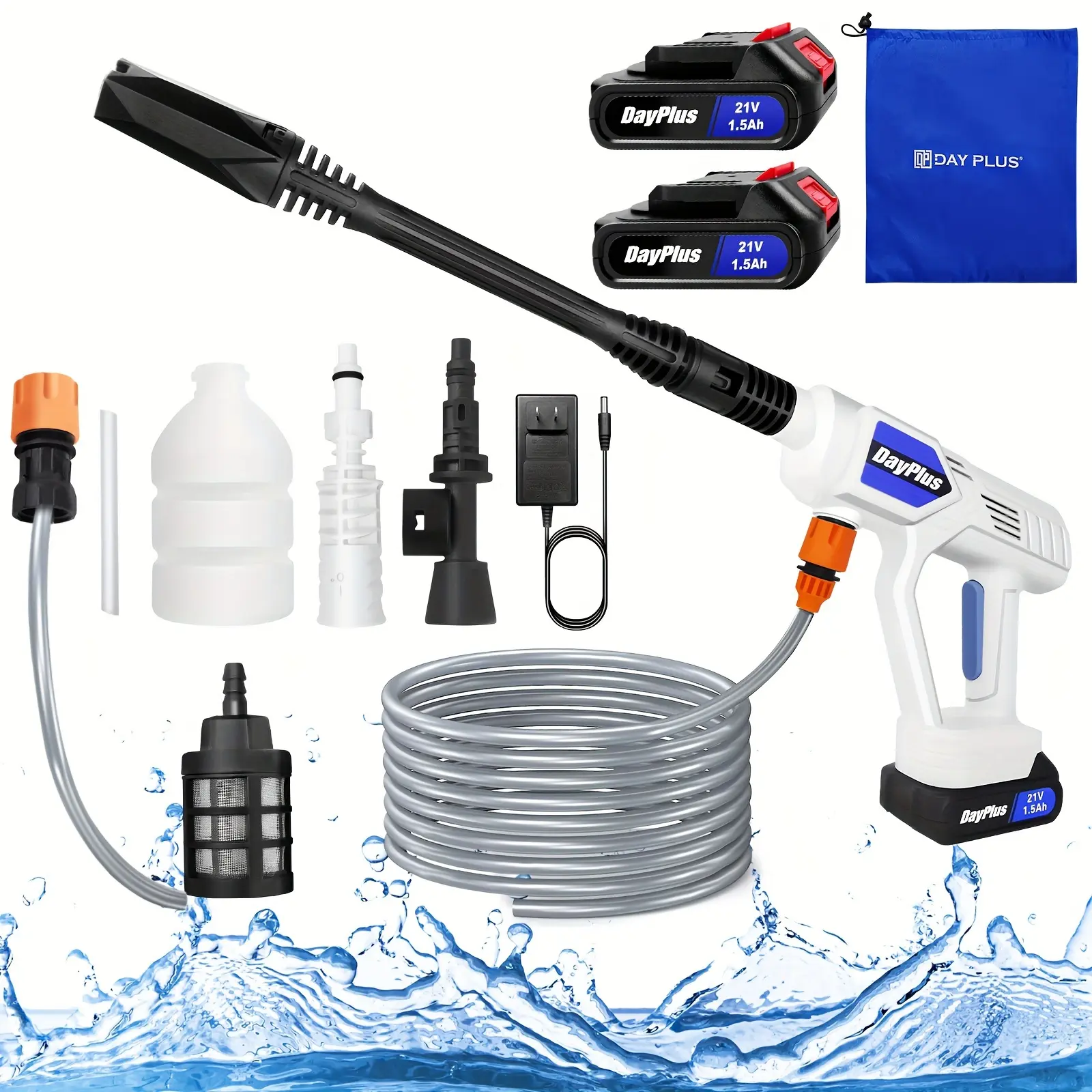 Cordless Power Washer Portable Pressure Washer 174PSI High Pressure Cleaner Jet Car Washer Gun With 2x1.5Ah Battery, Charger, Nozzles, Foam Generator, Hose, For Patio Cleaning And Car Washing