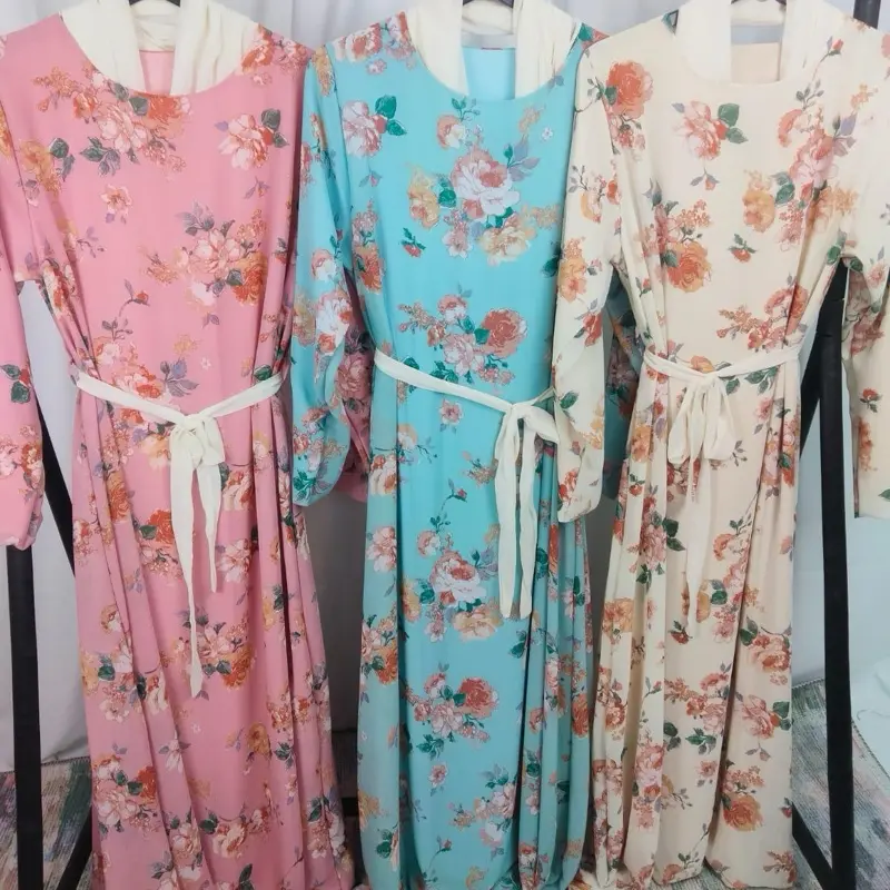 Women's Floral Modest Maxi Dress with Scarf - Casual Style - Womenswear