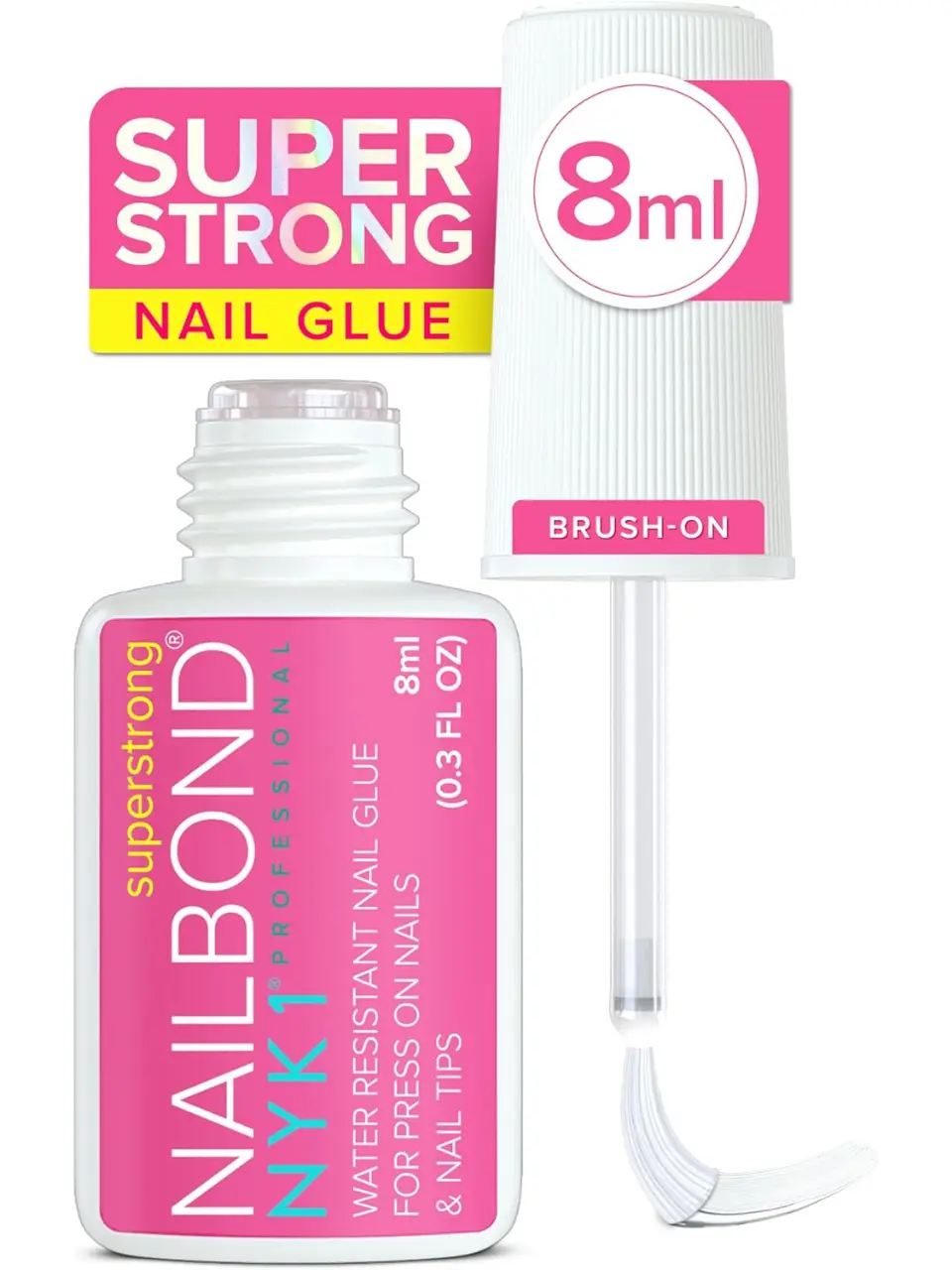 NYK1 Nail Bond Glue with Brush for Acrylic Tips and Stick On, Extra Strong False Nail Glue - 8ml - Cosmetic, Polish