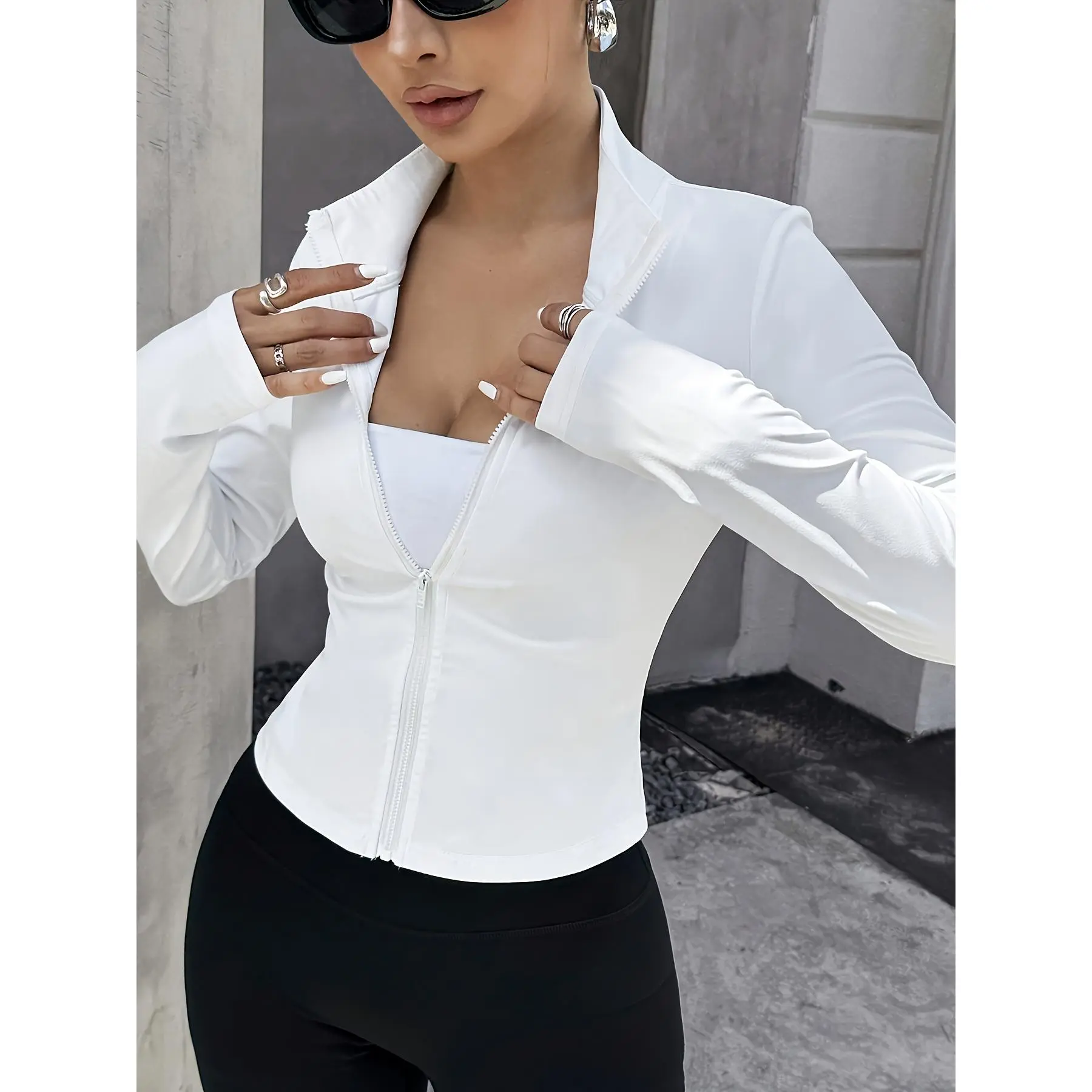 Women's Polyester Zip-Front Stand Collar Jacket - Y2K Style Slim Fit Solid Color Long Sleeve Casual Outerwear for All Seasons - Knit Fabric Construction