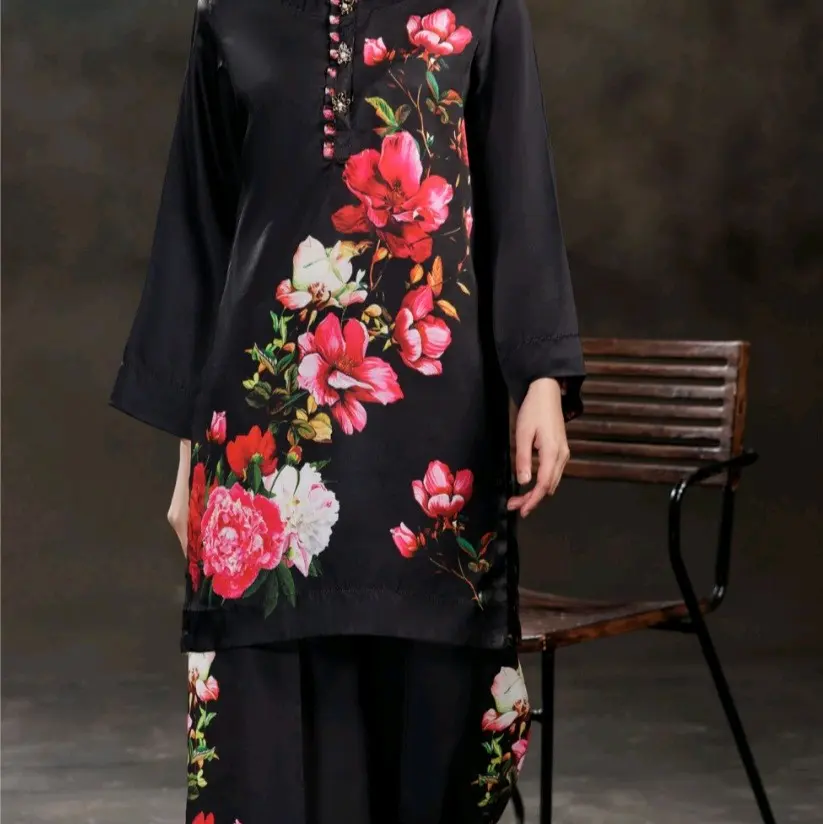 Women's Black Silk Shamos Two-Piece Dress with Floral Prints and Palazzo Pants - Casual, Womenswear