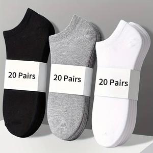 20 Pairs Unisex Solid Ankle Socks, Casual Breathable Low Cut For Summer Daily Wear, Multipack Minimalist Plain Ankle socks, Valentine's Day Gift, Underwear, White Socks, Sock Set, Basic , Fashion,  Casual Stylish Socks