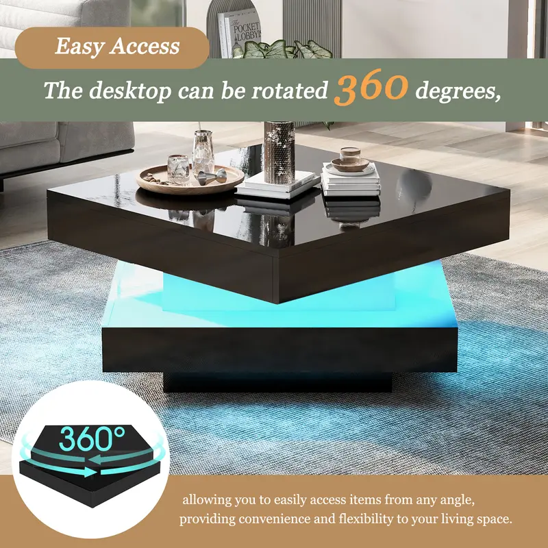 BTM Luxury Modern Furniture  70x70x36 cm Black Square High Gloss Coffee Table with 360° Rotating Top, Tea Table with 16-Color LED light 7