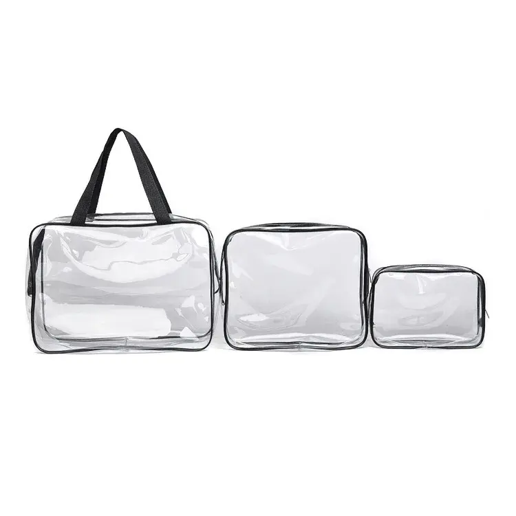 3 pieces Clear Travel Storage Bag With Handle, Portable Travel Washbag  Cosmetic Bag PVC Waterproof One Set 0