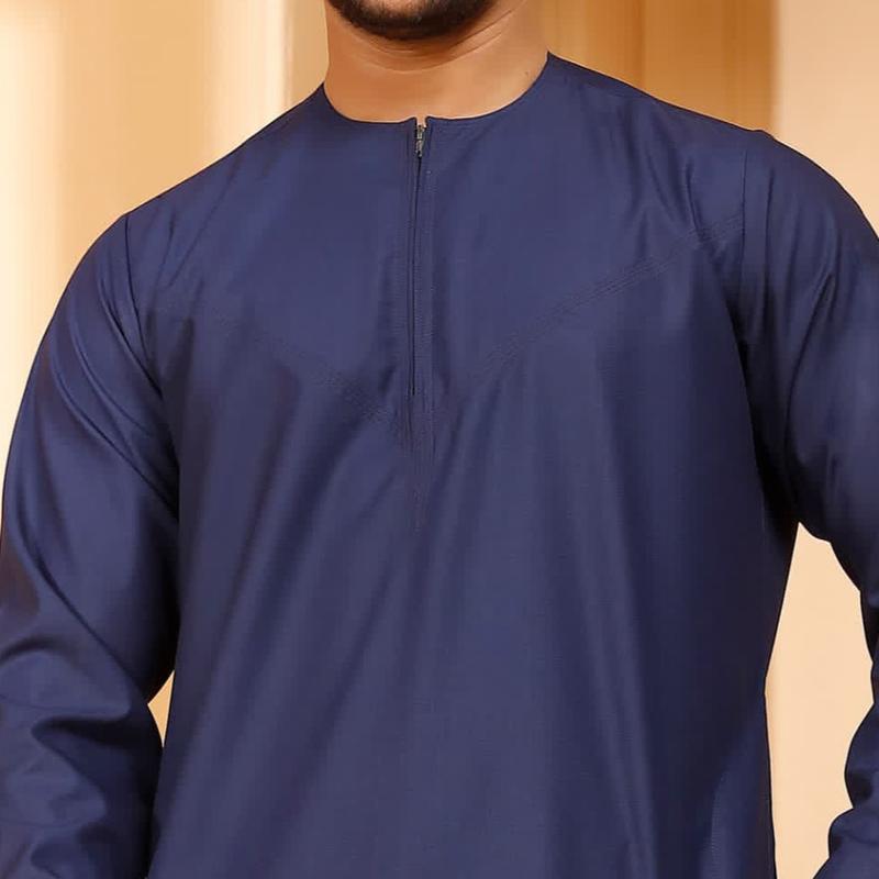 Matte Blue Collarless Omani Thobe with Zip for Men crew neck plain 1