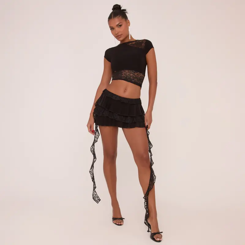 Low Rise Lace Detail Frilly Mini Skirt 0