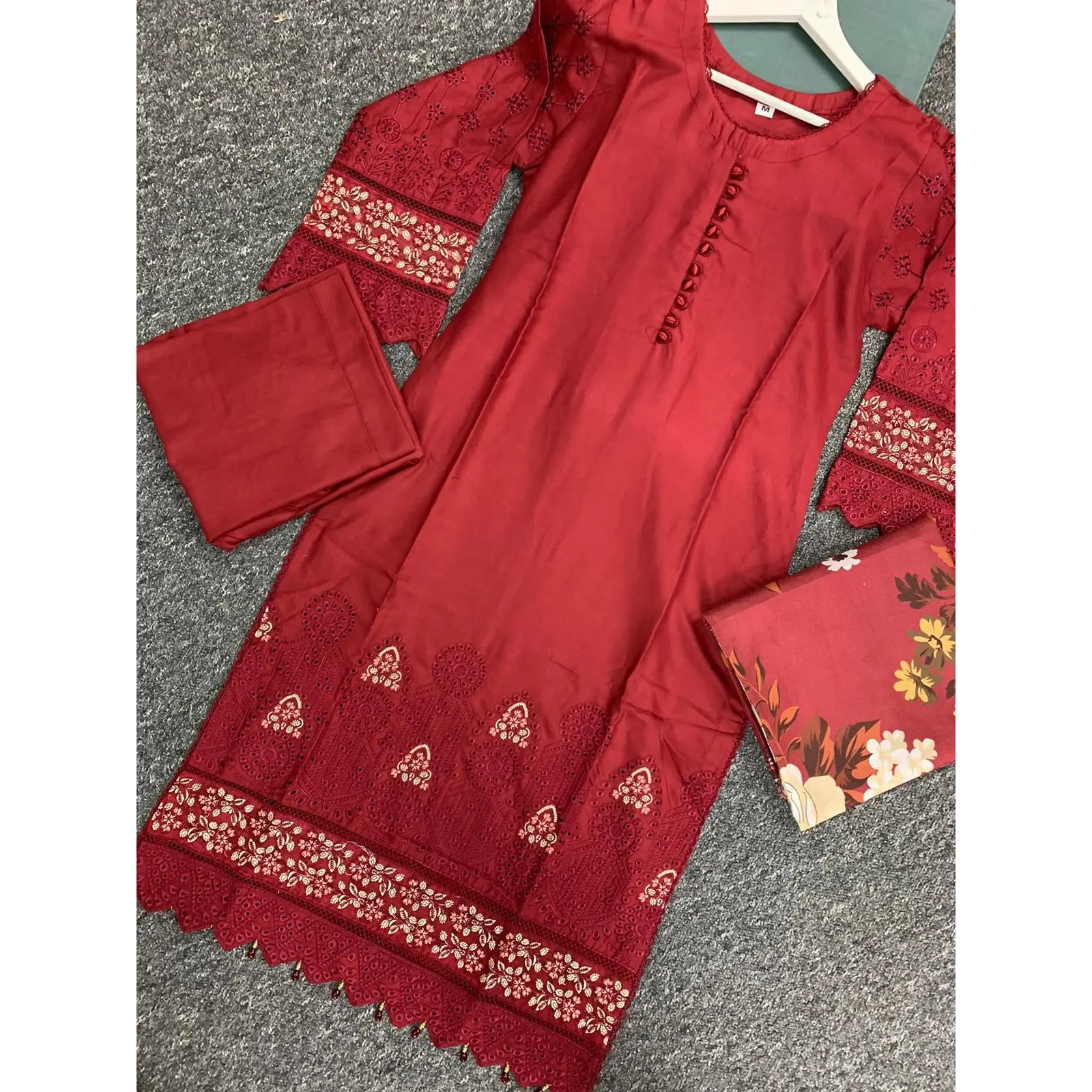 S Creations ‘Kaia’ | Embroidered Dhanak Readymade | SC152 (Maroon)