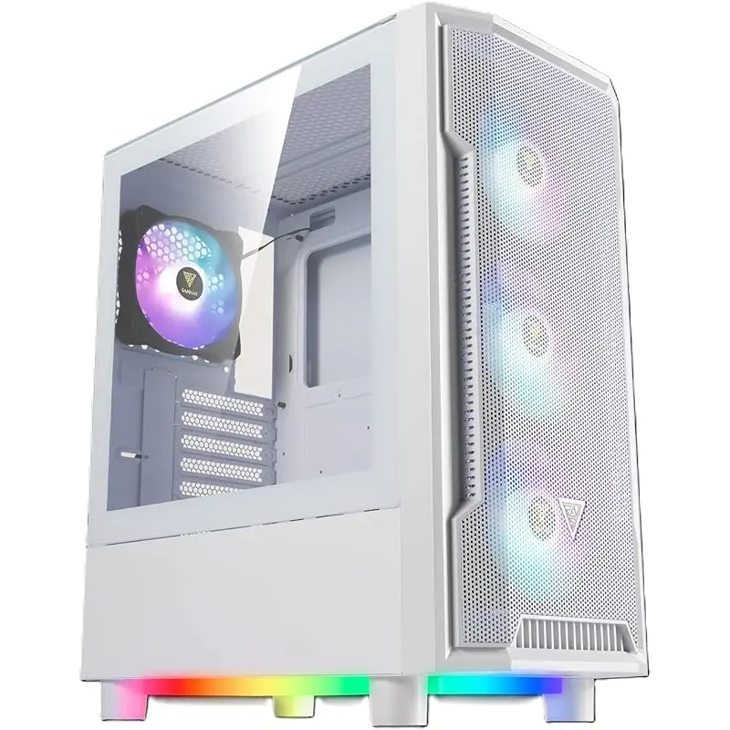 PC Case, ATX Gaming Mid Tower, Tool-Free Tempered Glass Side Panel, Pre-install 4 x 120 ARGB Fan, Airflow Mesh Front, 3 sided Underglow, White