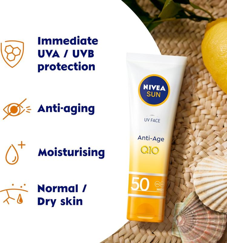 NIVEA Sun UV Face Anti-Age SPF 50 Cream (50ml), Q10 Sun Cream Protects Against UVA/UVB Rays and Premature Skin Ageing, Fights Fine Lines and Wrinkles-Sunblock cream 1