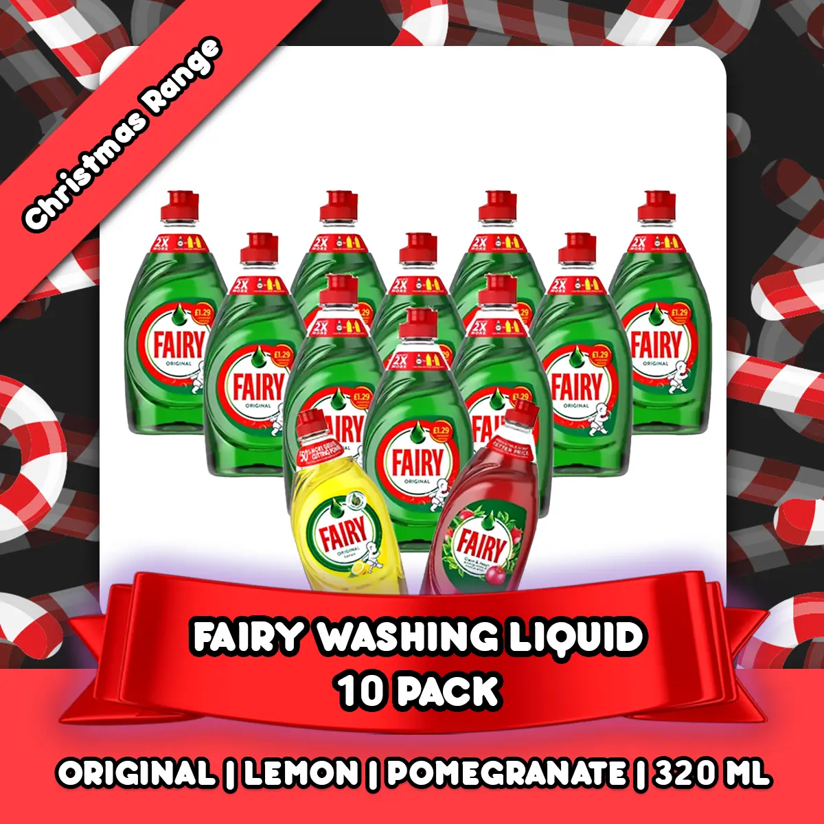 Fairy Washing up Liquid, 10x320ml, Lemon, Original, Pomegranate & Grapefruit, Case of 10
