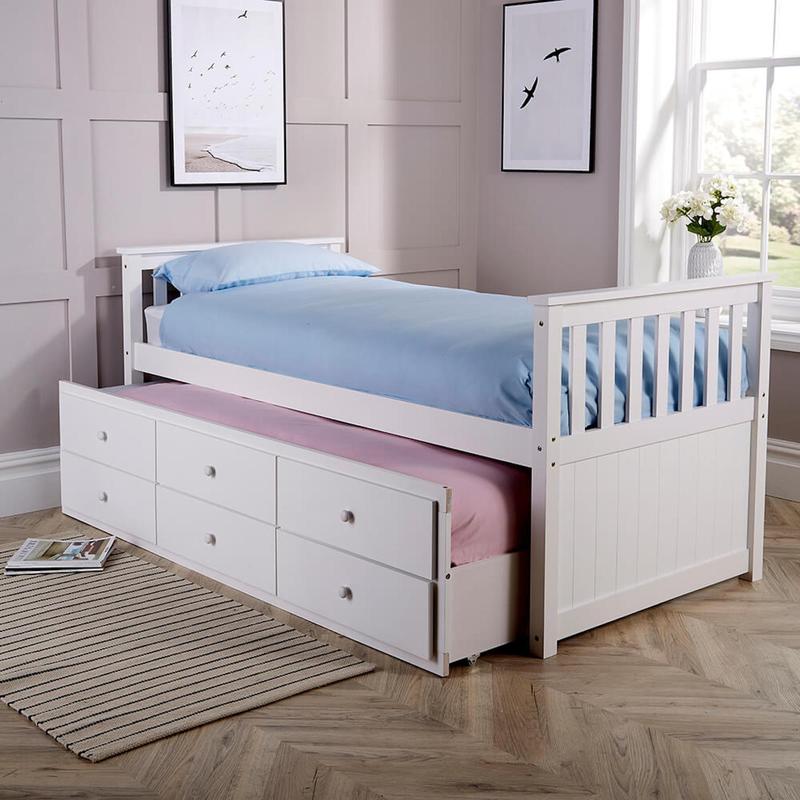 Big Furniture Warehouse White Solid Pine Cabin Bed 3ft Single Pull Out Guest Bed With 3 Storage Drawers 2