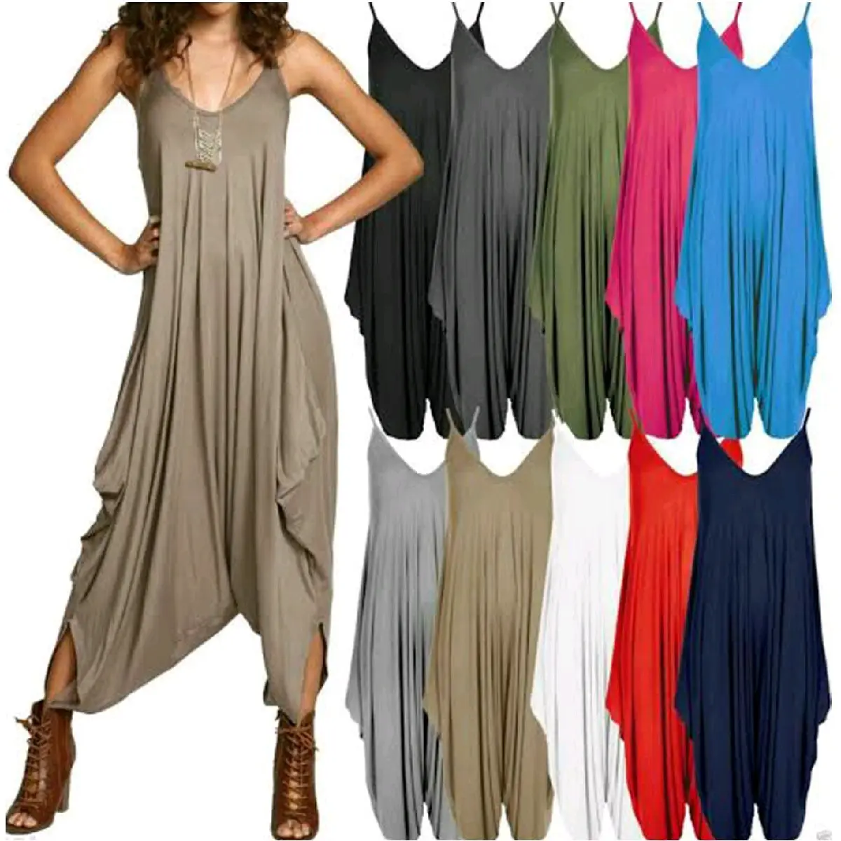 New Ladies Cami Lagenlook Romper Baggy Harem Jumpsuit Playsuit Dress Fabric Lightweight Sleeveless Womenswear Comfortable Drape Overalls summer coord