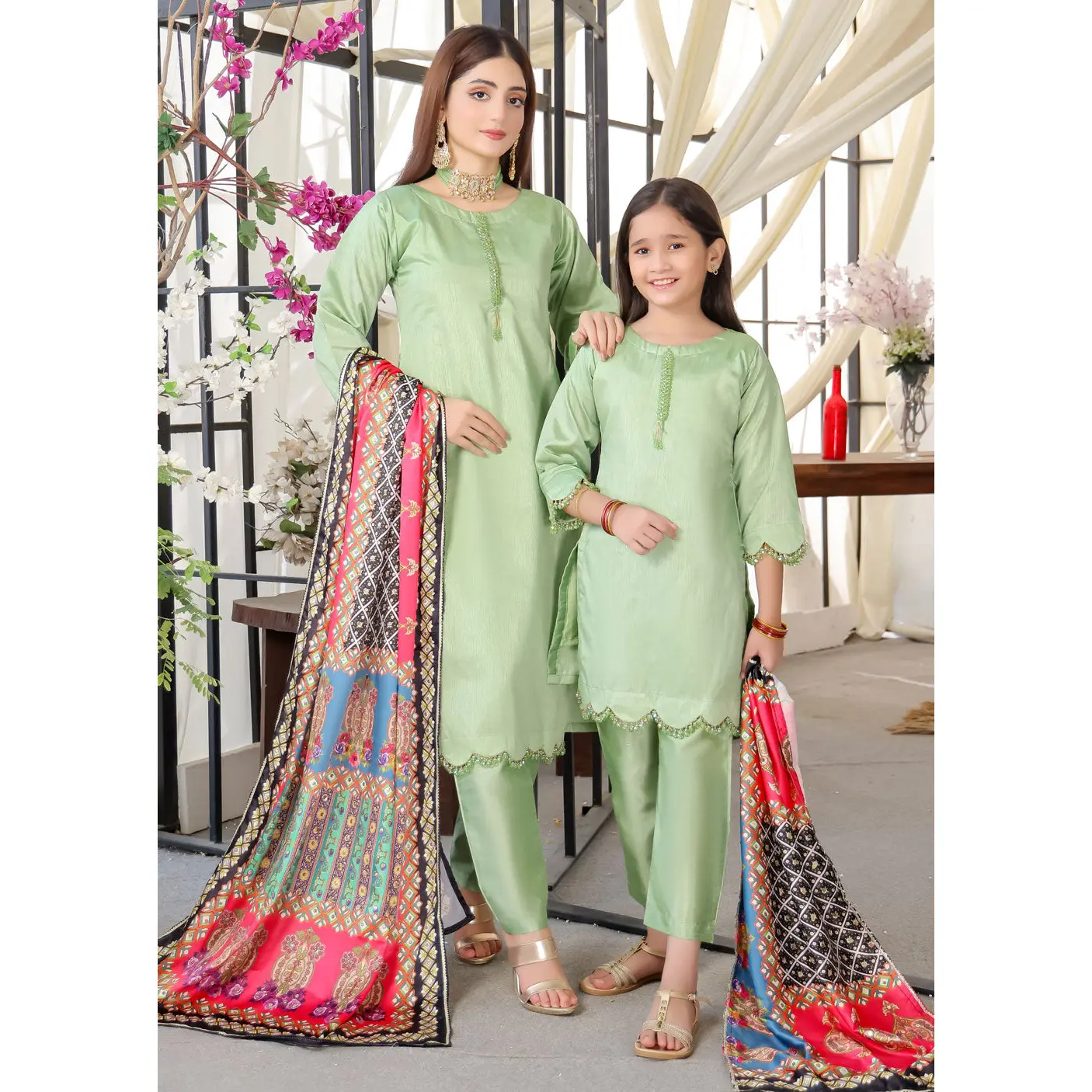 HK265 Zarora - Green Readymade Raw Silk Mummy n Me Suit