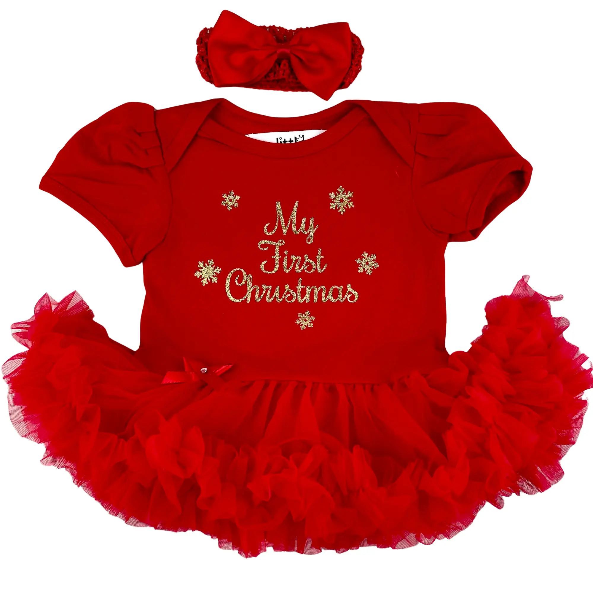 My First Christmas Baby Girl Dress Tutu Romper with Gold Glitter Text and Snowflakes Design