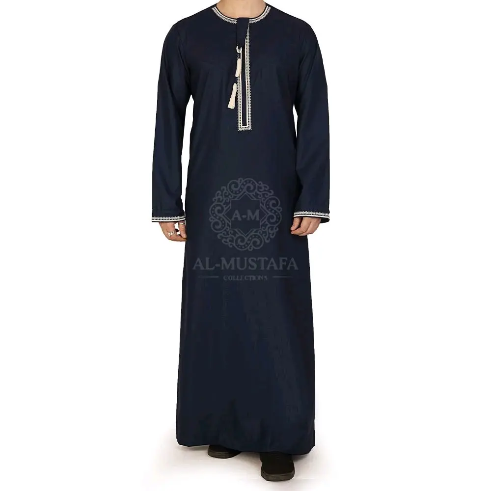 mens premium dark navy blue & beige embroidery omani thobe