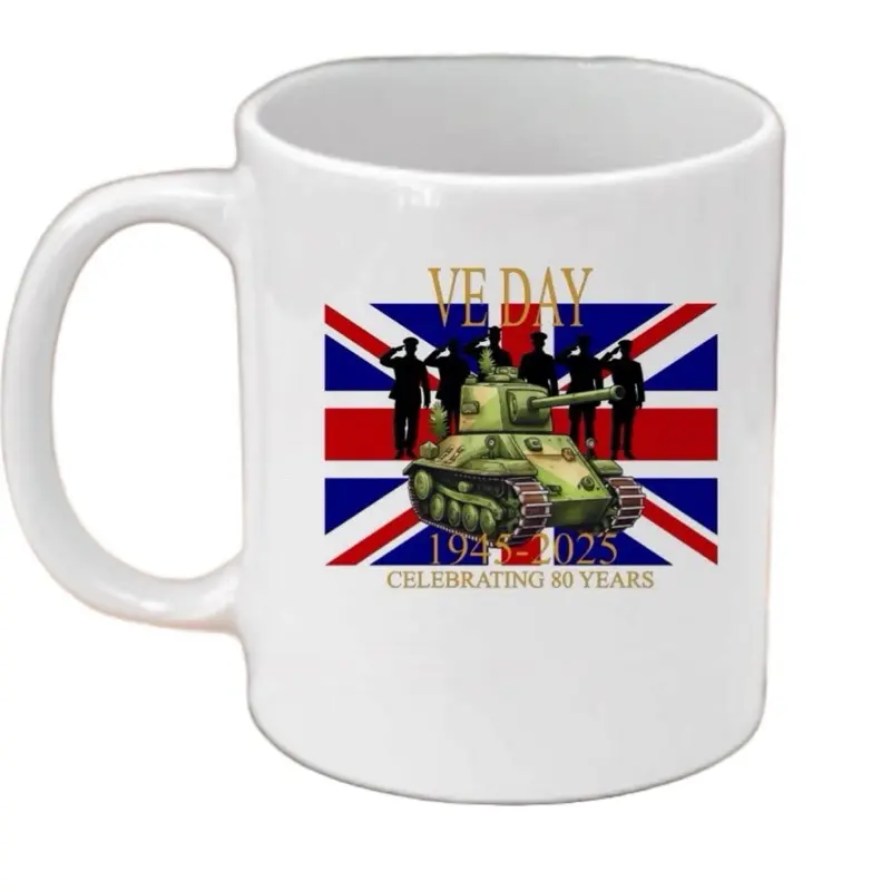 Premium Grade Orca Coated Mugs VE Day Celebrating 80 Years - tank & soldiers
