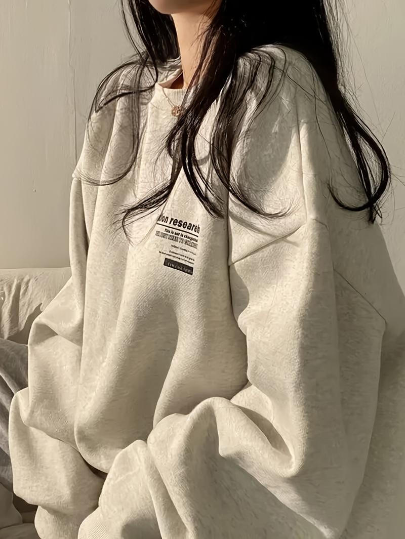 Product Introduction of Letter Print Loose Pullover Sweatshirt, Y2K Long Sleeve Crew Neck Knitted Sweatshirt For Spring & Fall, Women's Clothing Womenswear Hoodie Sweaters Tops 0