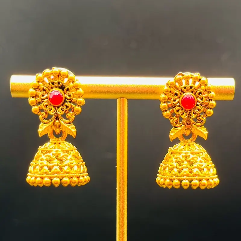 Traditional Gold Plated Imitation Jhumkas With A Ruby Centre Stone (Small) 0