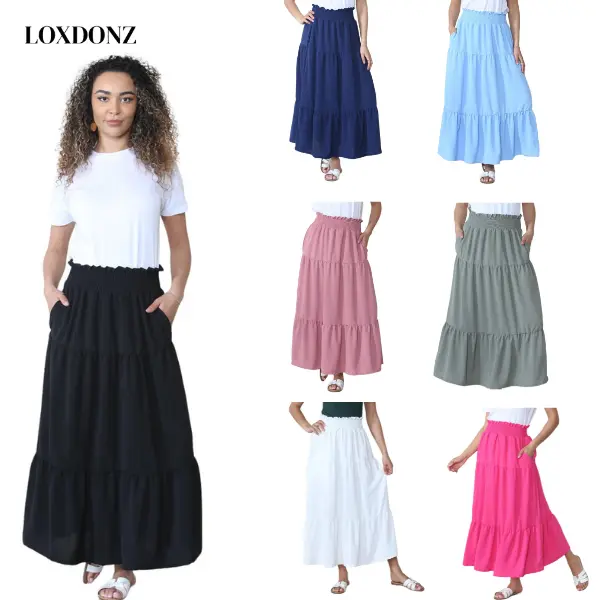 Loxdonz Women's High Waist Maxi Skirts Shirring Elastic Ruffles A Line Long Length Skirts with Pockets Womenswear Bottom Comfort Basic long sleeves Minimalist