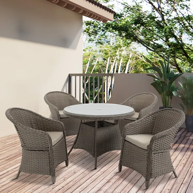 5 Pieces Outdoor Patio PE Rattan Dining Set, Four Seater Garden Furniture - 4 Chairs & Round Table w/ Umbrella Hole, Mixed Grey 1