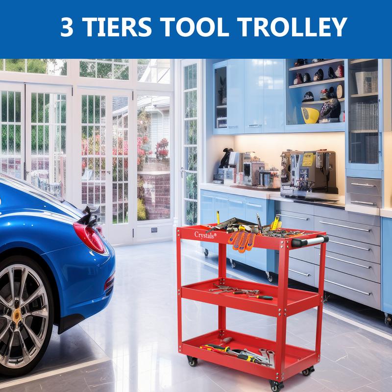 Crystals Heavy Duty Tool Trolley with 3-Tier Wheel Cart for Garage and Workshop Storage, DIY Red/Black 5