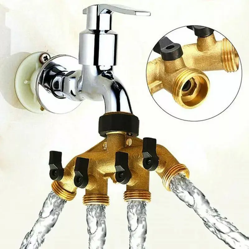 Solid Brass 4 Way Adaptor - Garden Tap Multi Hose Connector Splitter UK 6