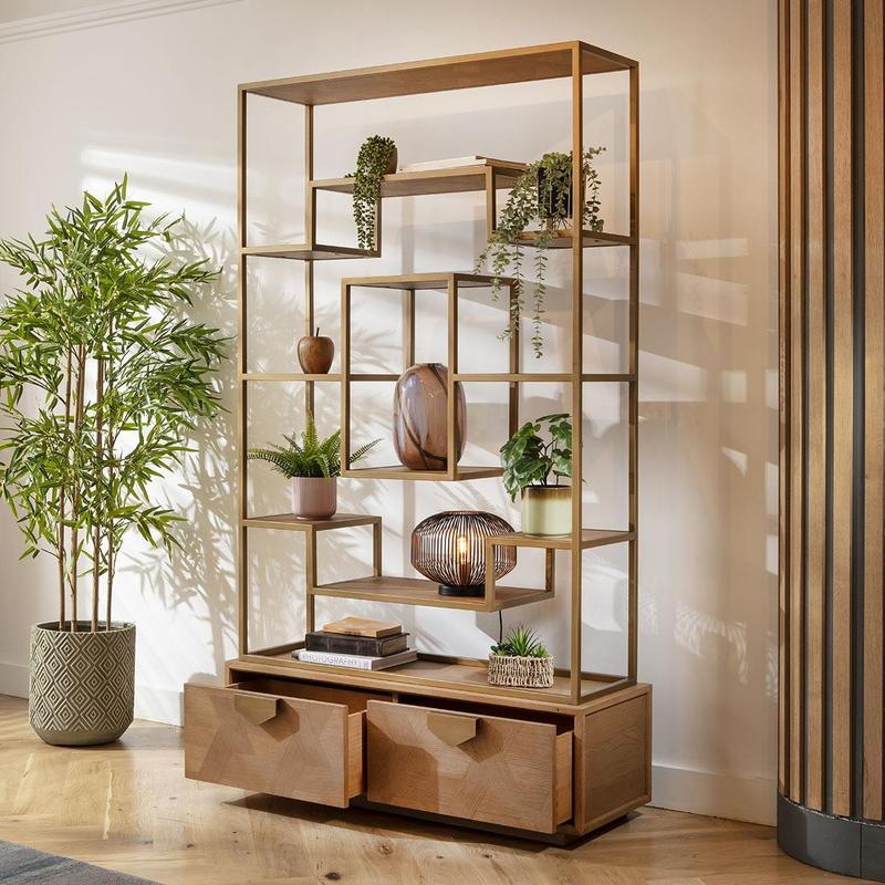 Hemingway Tall Shelving Unit Display Case Oak & Gold Brown 120x207cm 5