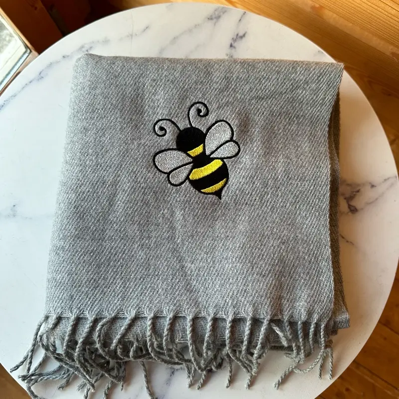 Embroidered grey bee scarf, gift for her. scarfs 1