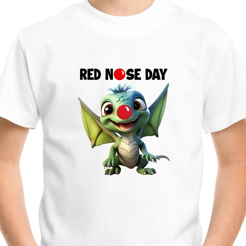 Red Nose Dinosaur T-shirt Dino School Children Kids Boys Girls Unisex Tee Top tshirt White Printed Regular 3