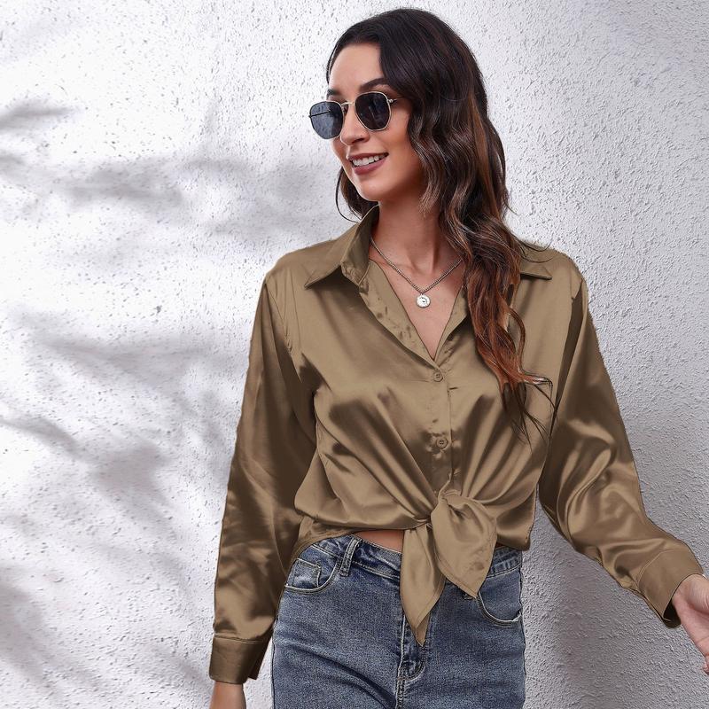 Product Introduction of Women's Satin Satin Imitation Silk Long Sleeved Shirt Elegant V-neck Retro Style Multicolor Shirt Top-Looki Ngi 12