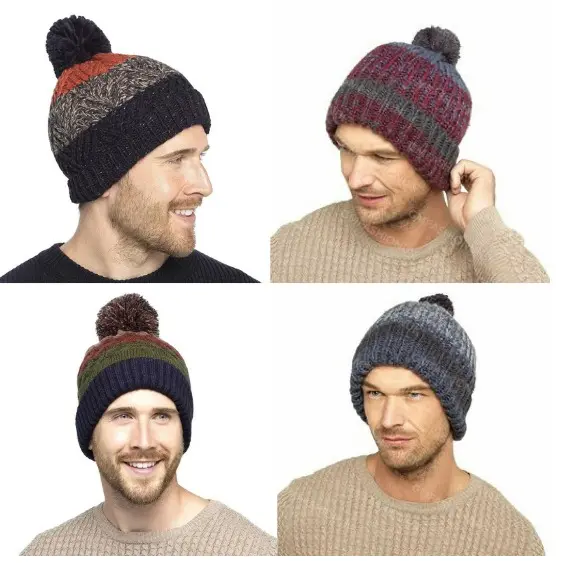 Mens Cable Knit Hat Ski Bobble Woolly Chunky Winter Hats Polyester/Fleece Lined with POM POM