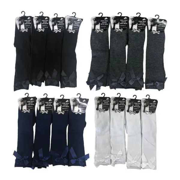 3-12 Pair Girls Knee High School Socks With Bow Cotton Bow Black Navy Grey White