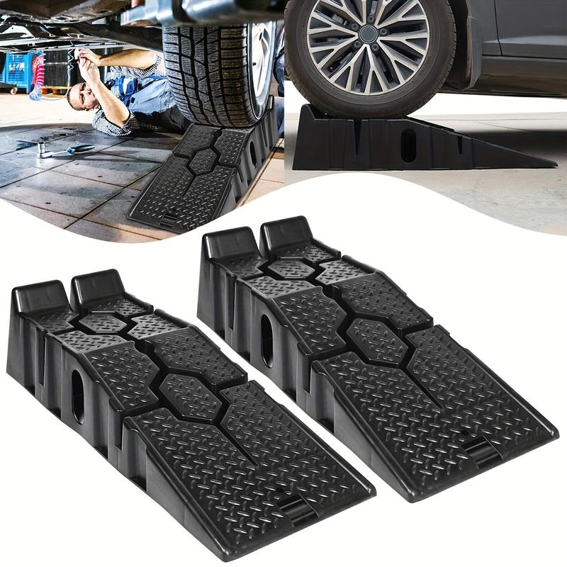 Product Introduction of Pair Of Heavy Duty 2.5 Ton Plastic Car Ramps Vehicle Lifting Ramps Portable Car Van Lift Lifter Car Repair Low Slope With Front Stopper For Car Maintenance, Non-Slip Traction Surface, 5 Ton Capacity In Total 3