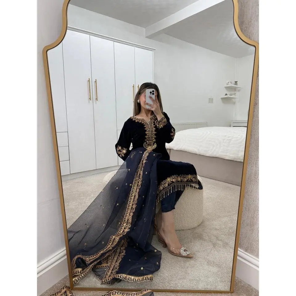 Navy velvet 3 piece suit with embroidery and pearl details with organza duppata and plain silk  trouser