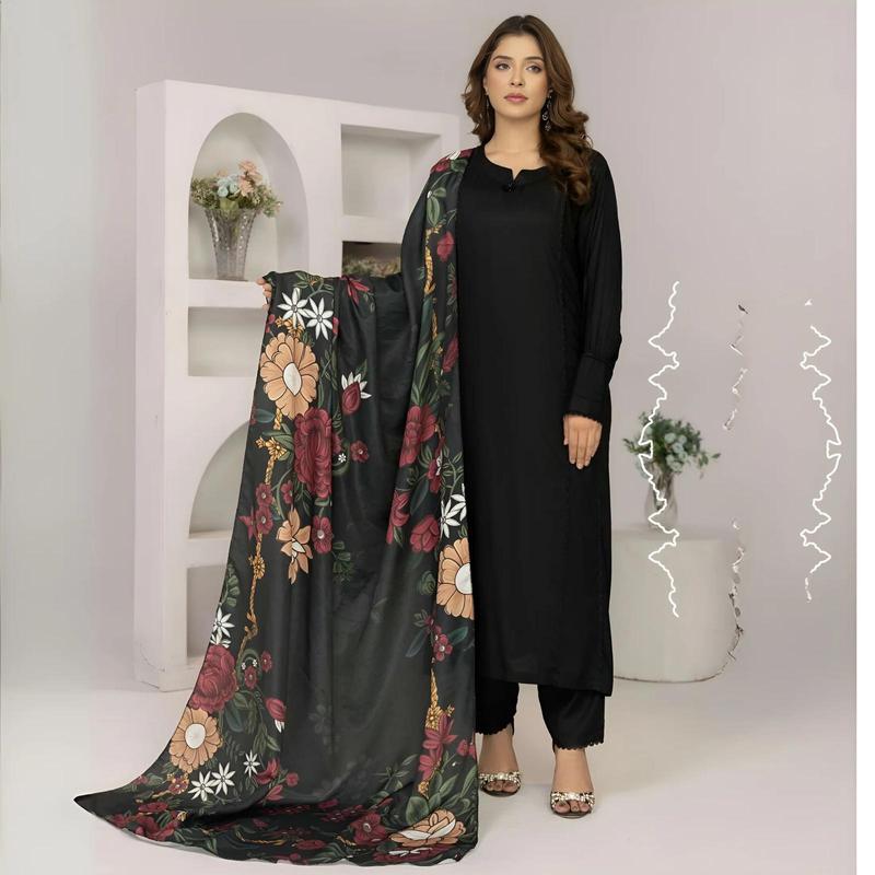 3 Pcs Dyed Twill Linen with Digital Printed Pashmina Shawl | Winter Collection | SIMRANS 0