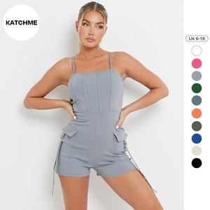 KatchMe Women's Versatile Solid Color Tube Pockets Short Cargo Playsuit(6-18UK),Plain Sleeveless Womenswear,Spaghetti Straps Slim-Fitting Playsuit