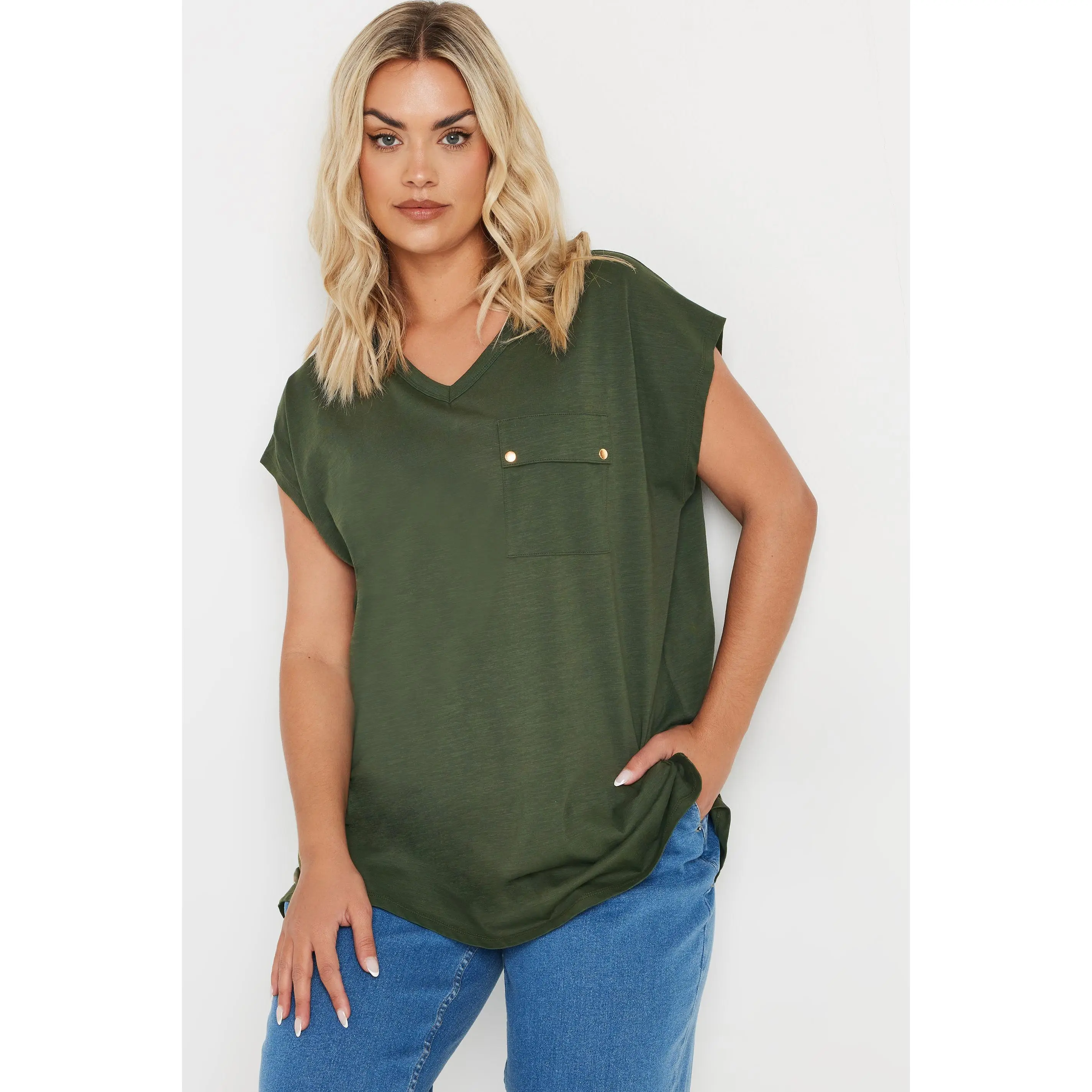 YOURS Curve Khaki Green Pocket T-Shirt