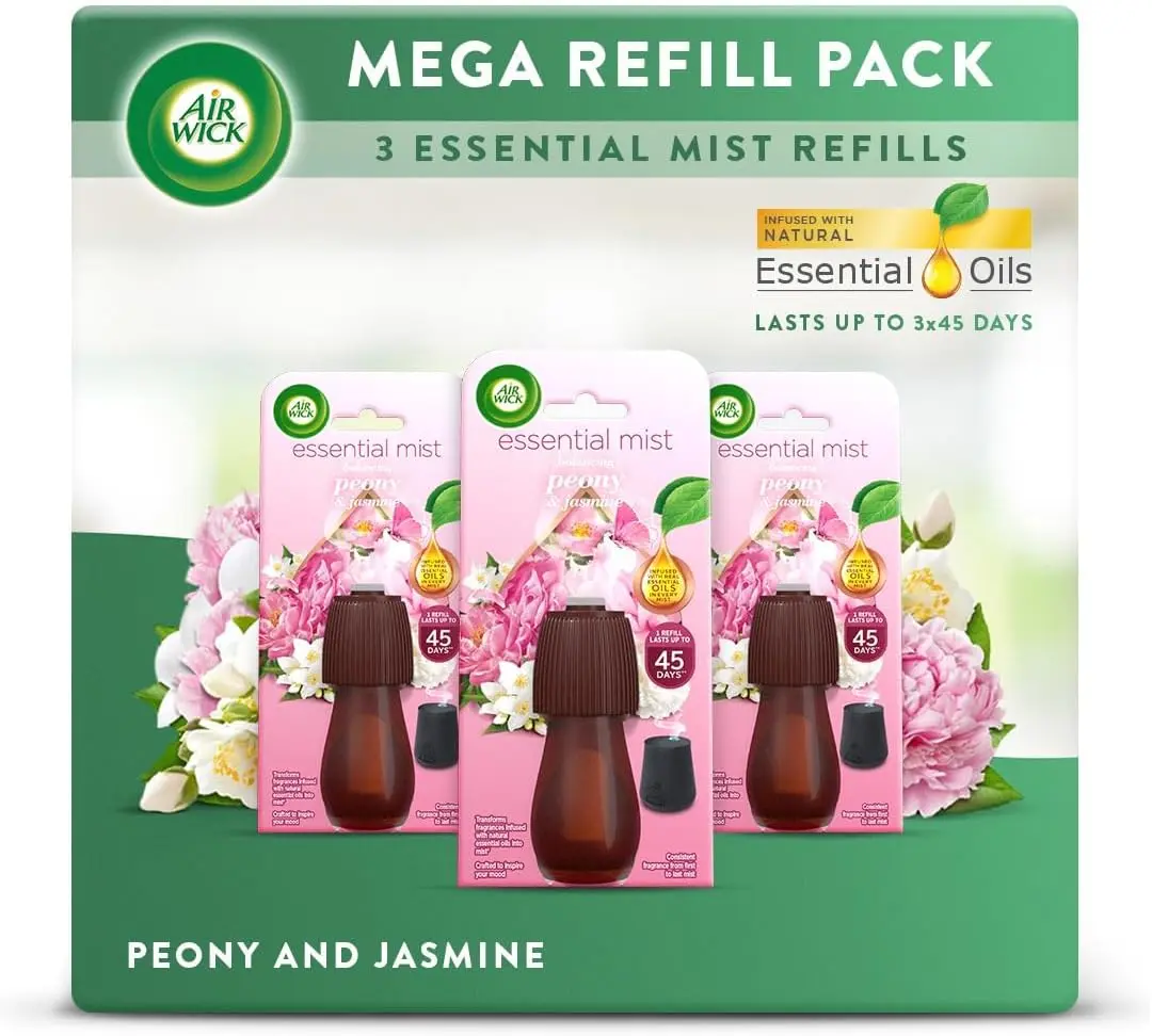 Air Wick Essential Mist Refills, Peony & Jasmine, Pack 3 x 20 ml, Natural Essential Oils, Last up to 135 days, Air freshener Aroma Floral Fragrance Scent Set Burst Room Scented