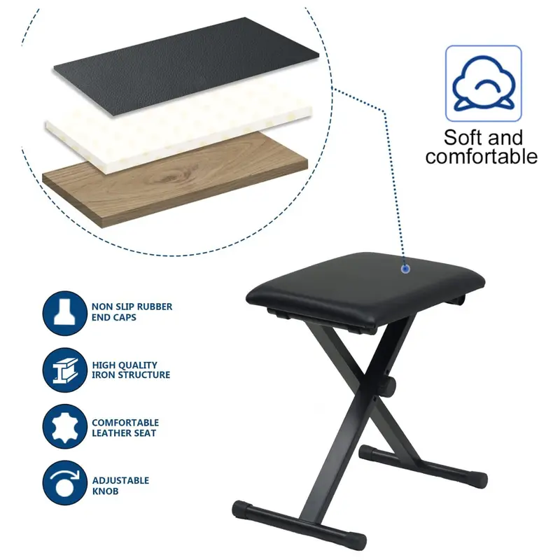 Adjustable Height X-Style Padded Folding Piano Bench with High-density Sponges - Sturdy Durable Metal Music Stool for up to 160 Kg - Portable PU Leather Pedded Stool - Black - Easy Clean 1