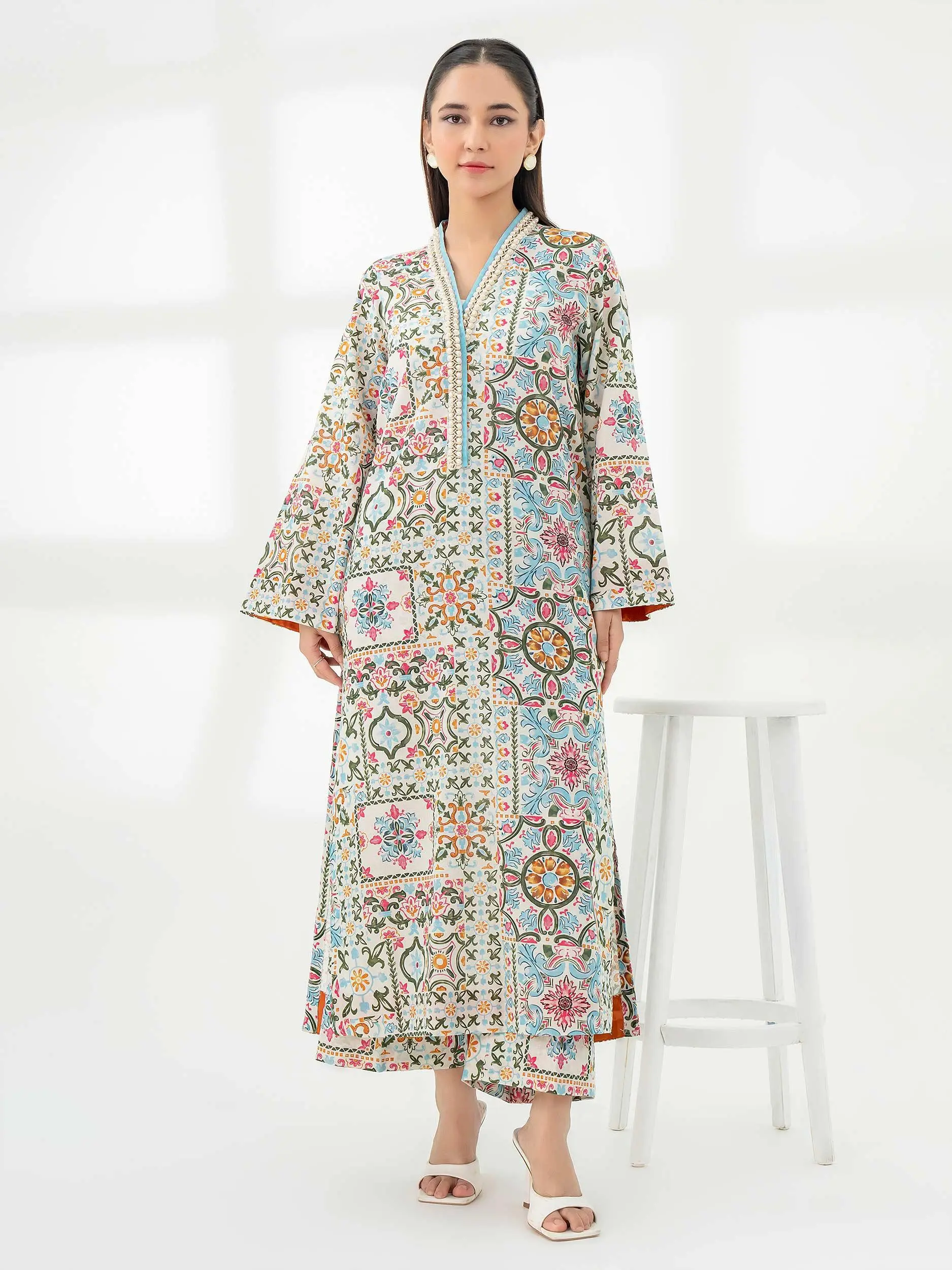 Limelight Original With Tags 2 Piece Slub Khaddar Suit Pearl Lace detailing Printed Pret - Off White - Shirt, Pearl Lace detailing