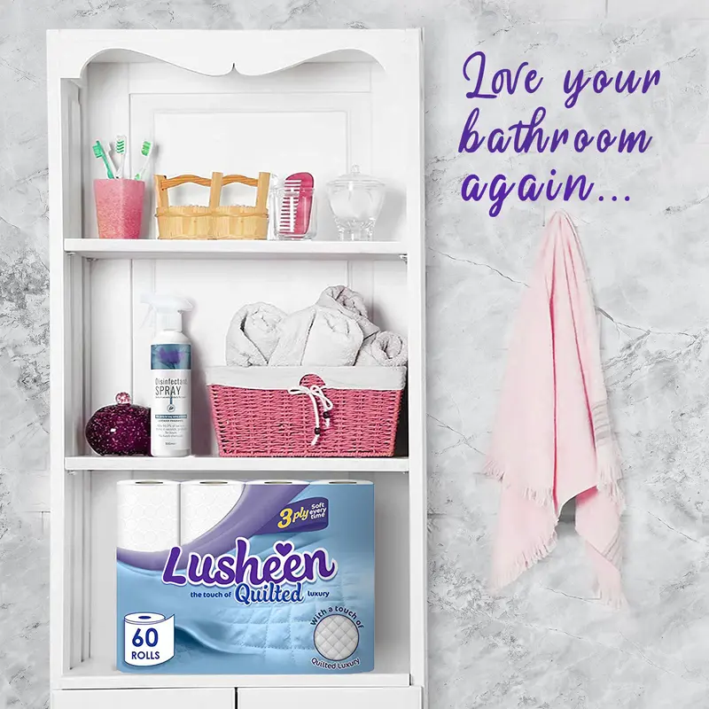 60 Lusheen White Toilet Rolls-3 Ply Soft Touch Toilet Rolls-Super Quality Embossed Toilet Tissue Rolls Provide Ultimate Quilted Comfort 8