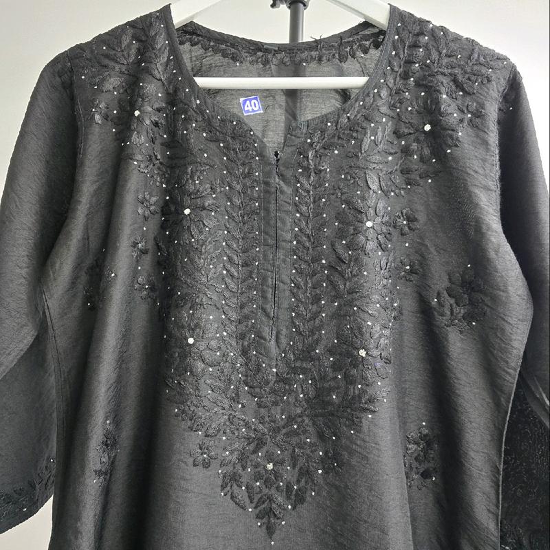 Hand Embroidered silver embellishment White Fabric Chandri Silk, 46 Inches Length women's wear 1